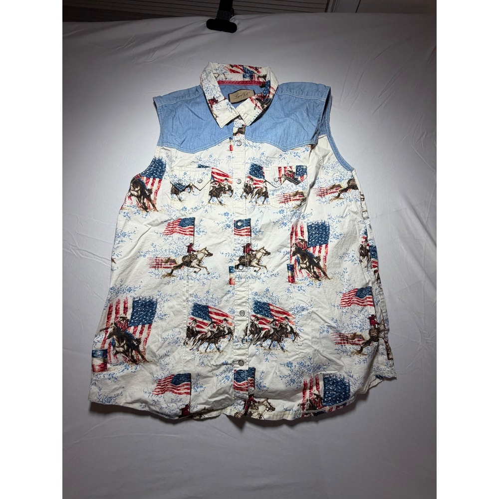 Legacy Falls Womens Western Sleeveless Shirt Rodeo Flag Print Denim Yoke 90s XL